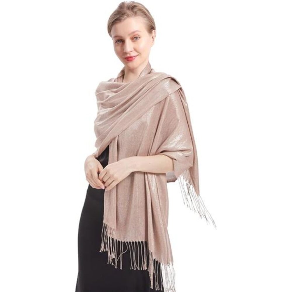 Shimmery Champagne Fringe Wrap Scarf - Elegant Women's Accessory